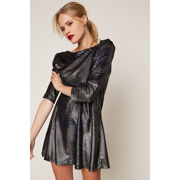 Free People Diamonds Are Forever Irridescent Metallic Puff Sleeve Mini Dress S - Picture 2 of 15